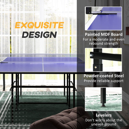 9FT Table Tennis Table W/ Four Wheels, Folding Tennis Table, Blue