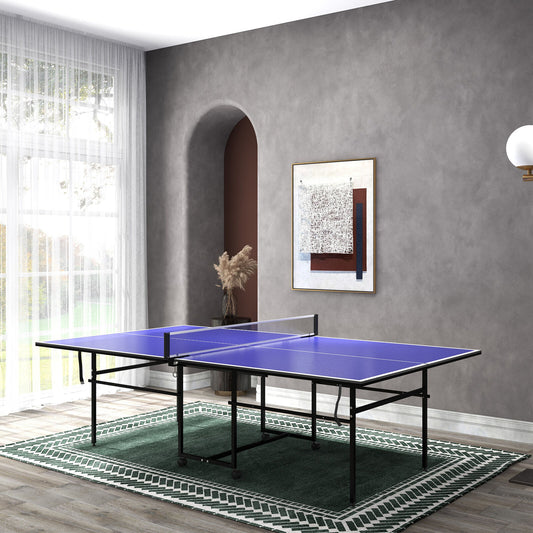 9FT Table Tennis Table W/ Four Wheels, Folding Tennis Table, Blue