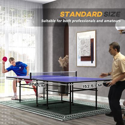 9FT Table Tennis Table W/ Four Wheels, Folding Tennis Table, Blue