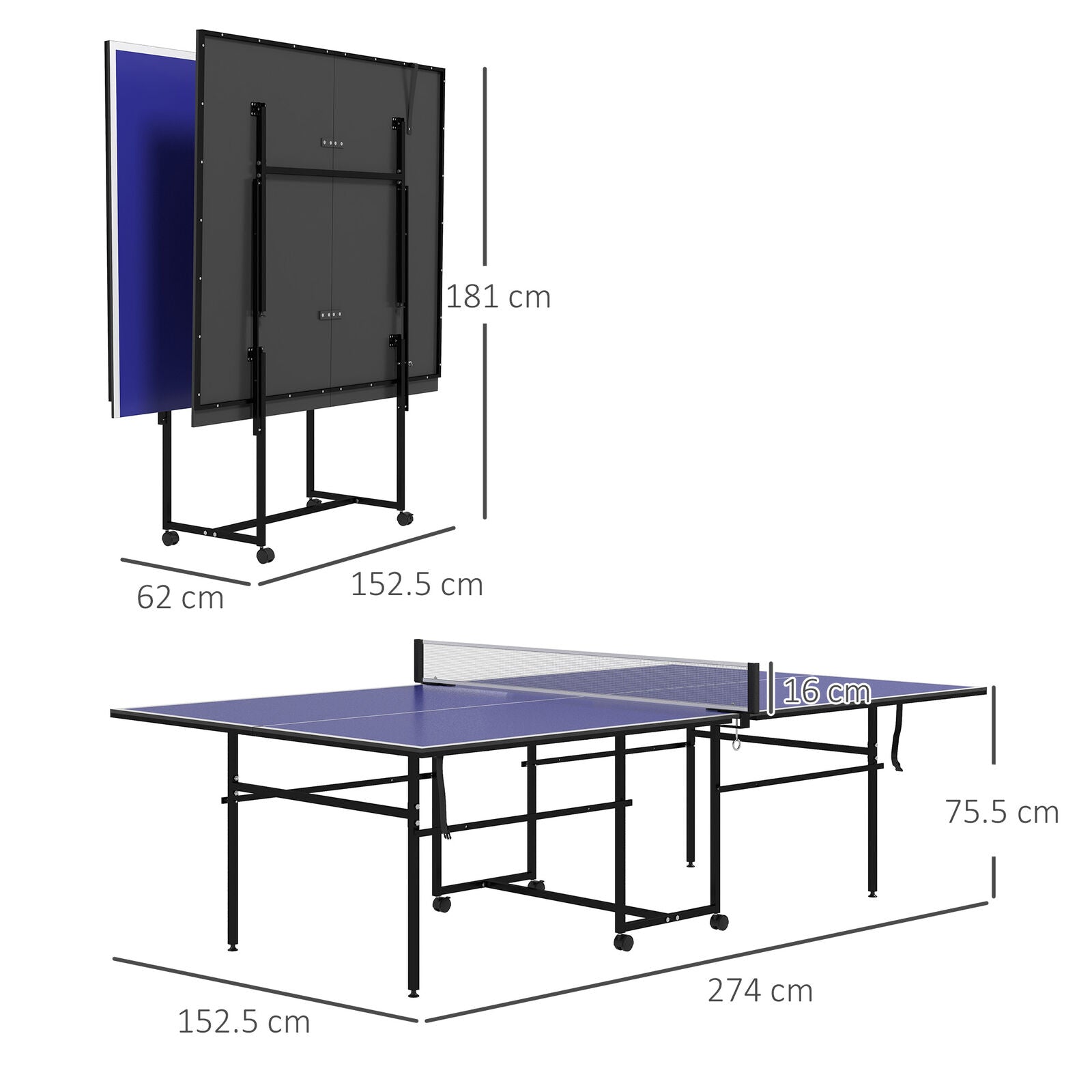 9FT Table Tennis Table W/ Four Wheels, Folding Tennis Table, Blue